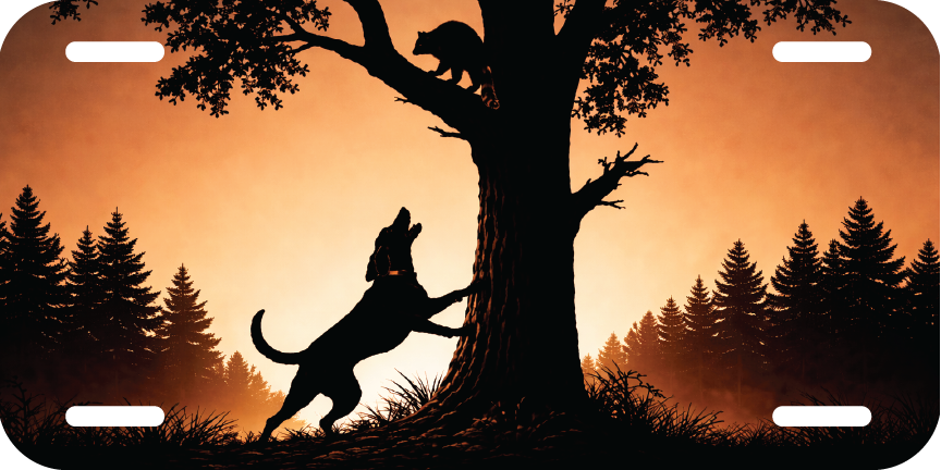 Coonhound Treeing Scene Aluminum License Plate – Vinyl Graphic