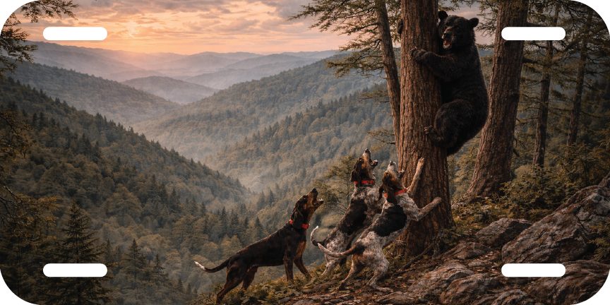 Bear Treeing Hounds Aluminum License Plate – Vinyl Graphic